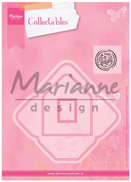 Marianne Design - Collectable - Eline's Envelope. This set consists of 3 dies and 1 postage clear stamp. Create your own letter to Santa or hide a special message inside for your friends/family and add to a card or scrapbook page.  Makes a 2" x 3" envelope. Available at Embellish Away located in Bowmanville Ontario Canada.