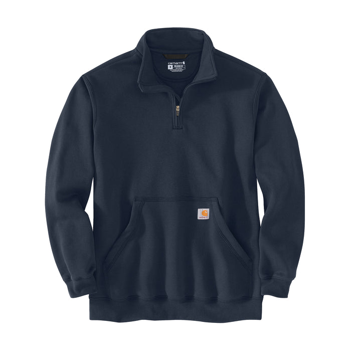 Navy quarter-zip pullover sweatshirt with stand collar, front logo patch, kangaroo pocket