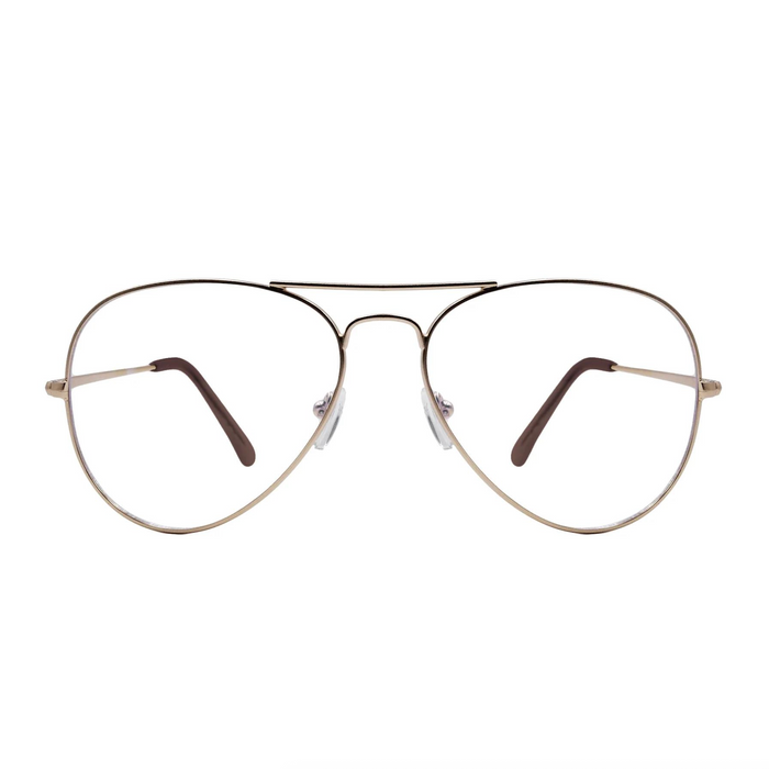 Round eyeglasses with shiny gold metal frame and dark brown temple tips