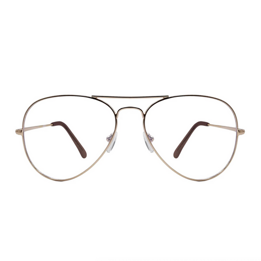 Round eyeglasses with shiny gold metal frame and dark brown temple tips