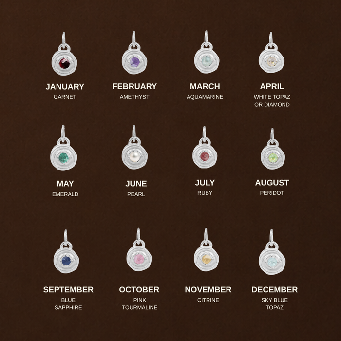 A brown informational chart showing twelve silver pendant charms arranged in a 3x4 grid, each labeled with a month and gemstone name such as January Garnet, February Amethyst, March Aquamarine, April White Topaz or Diamond, May Emerald, June Pearl, July Ruby, August Peridot, September Blue Sapphire, October Pink Tourmaline, November Citrine, and December Sky Blue Topaz.