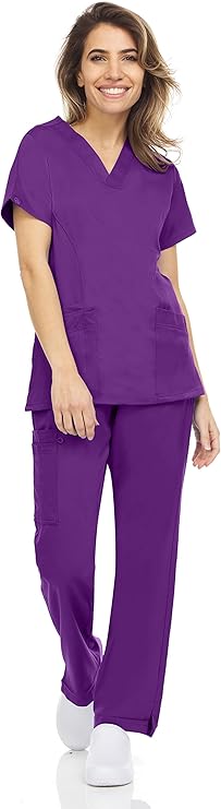 Medichic Eleanor V-Neck Top with Joelle Elastic Drawstring Cargo Pants Scrub Set - Eggplant