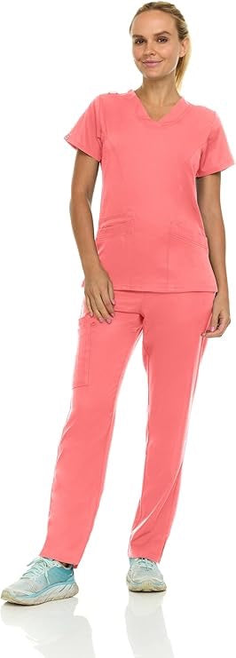 Medichic Eleanor V-Neck Top with Joelle Elastic Drawstring Cargo Pants Scrub Set - Coral