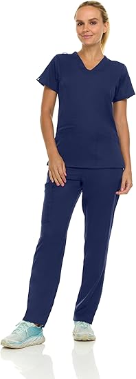Medichic Eleanor V-Neck Top with Joelle Elastic Drawstring Cargo Pants Scrub Set - Navy Blue