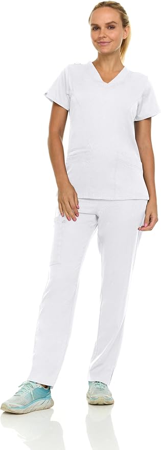 Medichic Eleanor V-Neck Top with Joelle Elastic Drawstring Cargo Pants Scrub Set - White