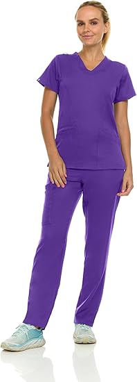 Medichic Eleanor V-Neck Top with Joelle Elastic Drawstring Cargo Pants Scrub Set - Grape
