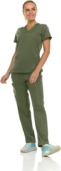 Medichic Eleanor V-Neck Top with Joelle Elastic Drawstring Cargo Pants Scrub Set - Olive Green
