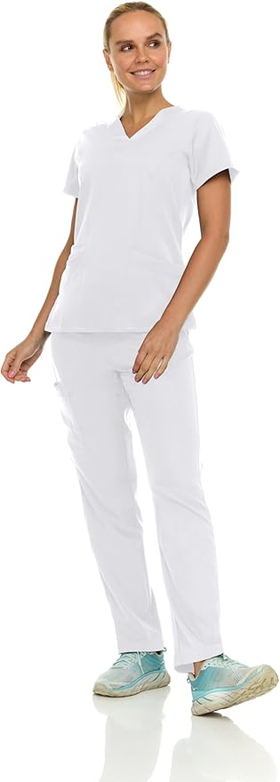 Medichic Eleanor V-Neck Top with Joelle Elastic Drawstring Cargo Pants Scrub Set - White