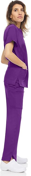 Medichic Eleanor V-Neck Top with Joelle Elastic Drawstring Cargo Pants Scrub Set - Eggplant