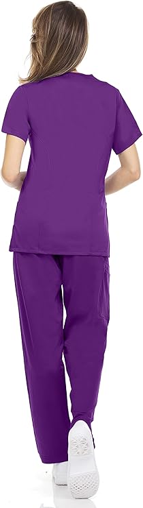 Medichic Eleanor V-Neck Top with Joelle Elastic Drawstring Cargo Pants Scrub Set - Eggplant