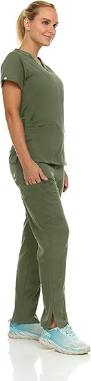 Medichic Eleanor V-Neck Top with Joelle Elastic Drawstring Cargo Pants Scrub Set - Olive Green