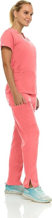 Medichic Eleanor V-Neck Top with Joelle Elastic Drawstring Cargo Pants Scrub Set - Coral