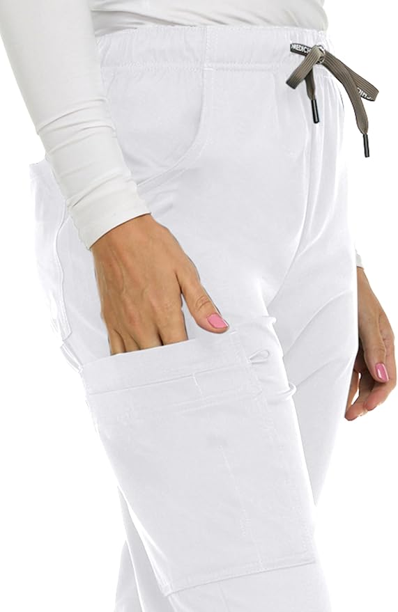 Medichic Eleanor V-Neck Top with Joelle Elastic Drawstring Cargo Pants Scrub Set - White