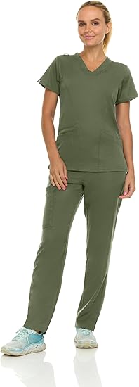 Medichic Eleanor V-Neck Top with Joelle Elastic Drawstring Cargo Pants Scrub Set - Olive Green