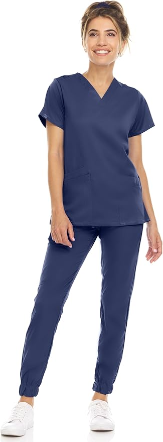 Medichic Eleanor V-Neck Top with Leah Elastic Waist Cargo Jogger Pants Scrub Set - Navy Blue
