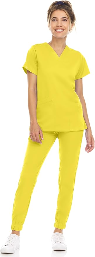 Medichic Eleanor V-Neck Top with Leah Elastic Waist Cargo Jogger Pants Scrub Set - Yellow