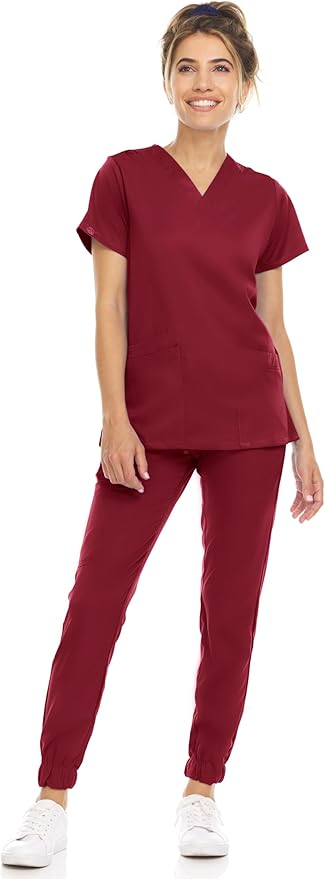 Medichic Eleanor V-Neck Top with Leah Elastic Waist Cargo Jogger Pants Scrub Set - Wine