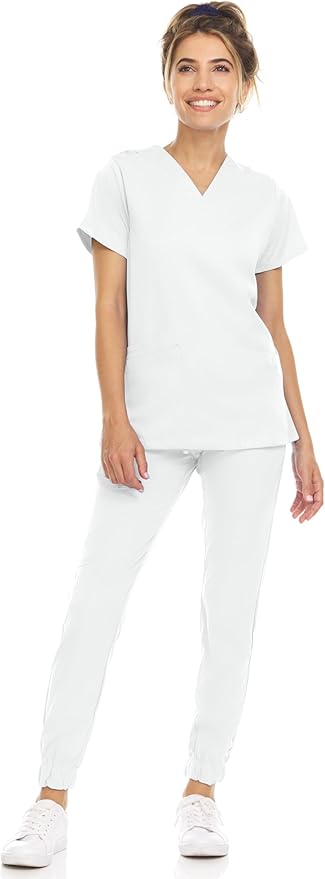 Medichic Eleanor V-Neck Top with Leah Elastic Waist Cargo Jogger Pants Scrub Set - White