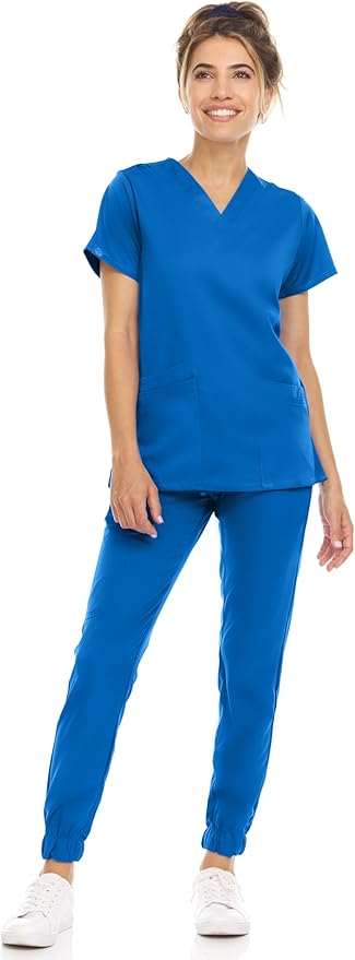 Medichic Eleanor V-Neck Top with Leah Elastic Waist Cargo Jogger Pants Scrub Set - Royal Blue