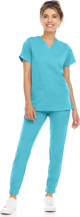 Medichic Eleanor V-Neck Top with Leah Elastic Waist Cargo Jogger Pants Scrub Set - Turquoise
