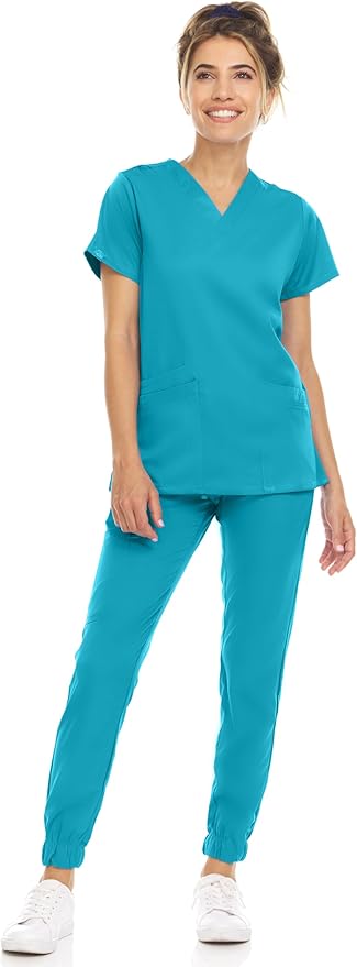 Medichic Eleanor V-Neck Top with Leah Elastic Waist Cargo Jogger Pants Scrub Set - Teal