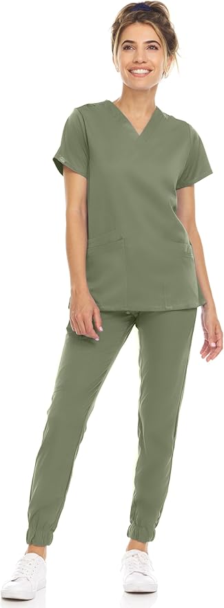 Medichic Eleanor V-Neck Top with Leah Elastic Waist Cargo Jogger Pants Scrub Set - Olive Green