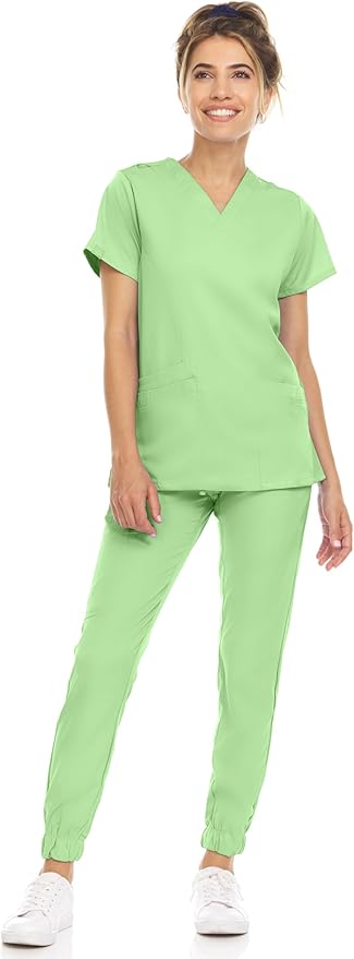 Medichic Eleanor V-Neck Top with Leah Elastic Waist Cargo Jogger Pants Scrub Set - Green Apple
