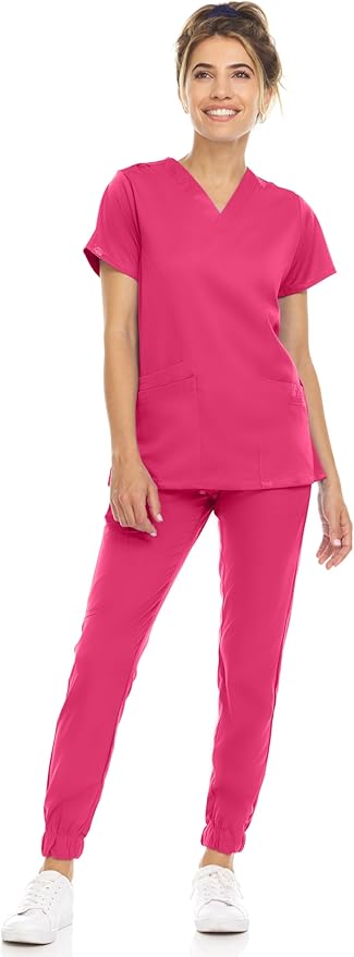 Medichic Eleanor V-Neck Top with Leah Elastic Waist Cargo Jogger Pants Scrub Set -Shocking Pink