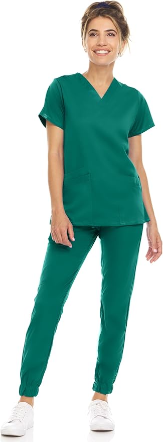 Medichic Eleanor V-Neck Top with Leah Elastic Waist Cargo Jogger Pants Scrub Set - Hunter Green