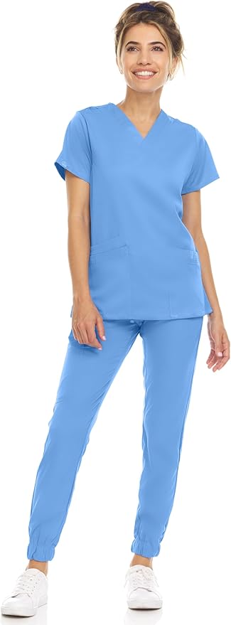 Medichic Eleanor V-Neck Top with Leah Elastic Waist Cargo Jogger Pants Scrub Set - Ceil Blue