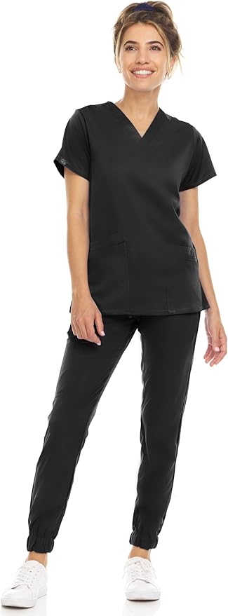 Medichic Eleanor V-Neck Top with Leah Elastic Waist Cargo Jogger Pants Scrub Set - Black