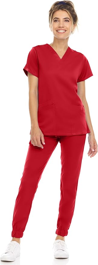 Medichic Eleanor V-Neck Top with Leah Elastic Waist Cargo Jogger Pants Scrub Set - Red