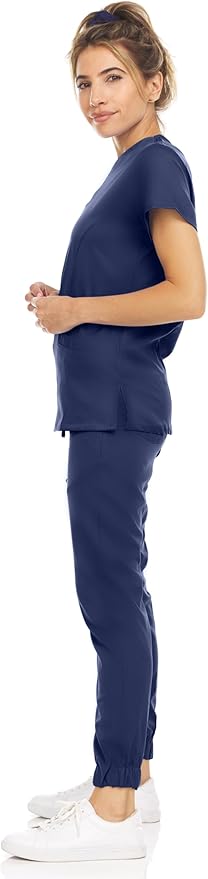 Medichic Eleanor V-Neck Top with Leah Elastic Waist Cargo Jogger Pants Scrub Set - Navy Blue