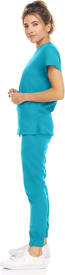 Medichic Eleanor V-Neck Top with Leah Elastic Waist Cargo Jogger Pants Scrub Set - Teal