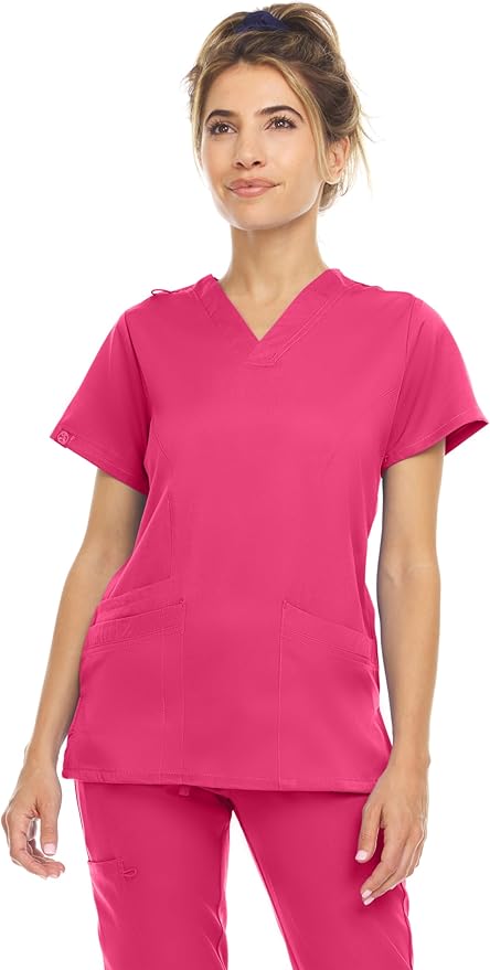 Medichic Eleanor V-Neck Top with Leah Elastic Waist Cargo Jogger Pants Scrub Set -Shocking Pink