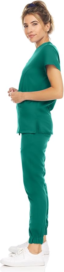 Medichic Eleanor V-Neck Top with Leah Elastic Waist Cargo Jogger Pants Scrub Set - Hunter Green