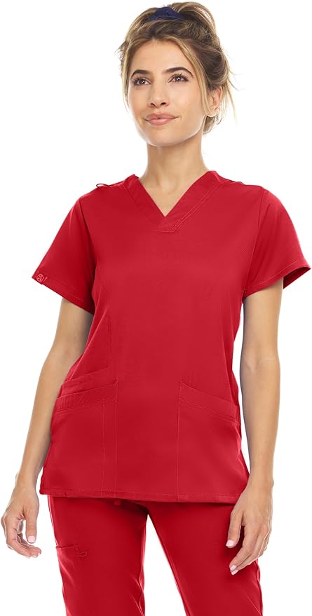 Medichic Eleanor V-Neck Top with Leah Elastic Waist Cargo Jogger Pants Scrub Set - Red