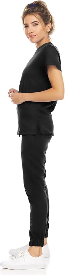 Medichic Eleanor V-Neck Top with Leah Elastic Waist Cargo Jogger Pants Scrub Set - Black
