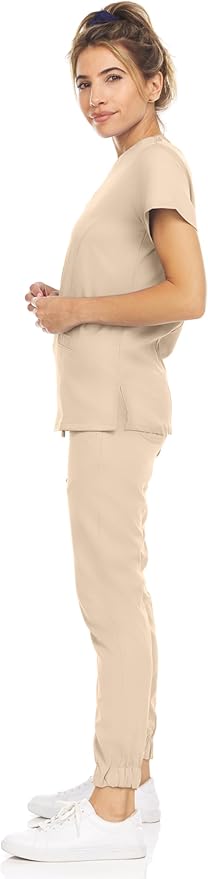 Medichic Eleanor V-Neck Top with Leah Elastic Waist Cargo Jogger Pants Scrub Set - Khaki