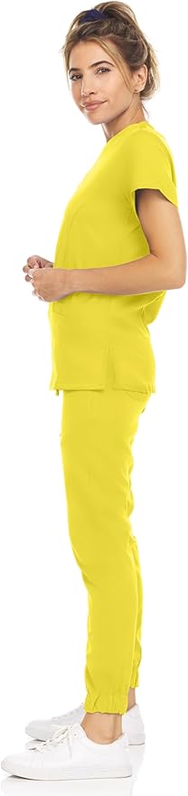 Medichic Eleanor V-Neck Top with Leah Elastic Waist Cargo Jogger Pants Scrub Set - Yellow