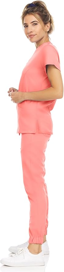 Medichic Eleanor V-Neck Top with Leah Elastic Waist Cargo Jogger Pants Scrub Set - Coral