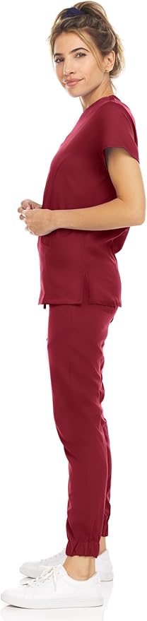 Medichic Eleanor V-Neck Top with Leah Elastic Waist Cargo Jogger Pants Scrub Set - Wine