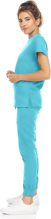Medichic Eleanor V-Neck Top with Leah Elastic Waist Cargo Jogger Pants Scrub Set - Turquoise