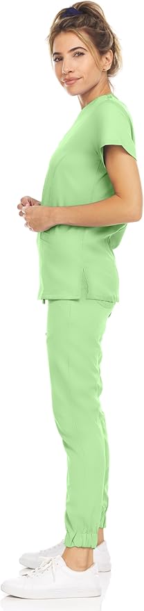 Medichic Eleanor V-Neck Top with Leah Elastic Waist Cargo Jogger Pants Scrub Set - Green Apple
