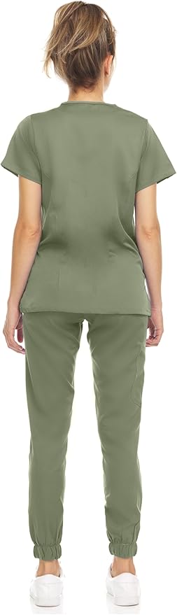 Medichic Eleanor V-Neck Top with Leah Elastic Waist Cargo Jogger Pants Scrub Set - Olive Green
