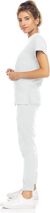 Medichic Eleanor V-Neck Top with Leah Elastic Waist Cargo Jogger Pants Scrub Set - White