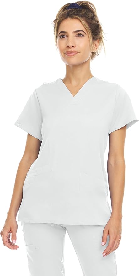 Medichic Eleanor V-Neck Top with Leah Elastic Waist Cargo Jogger Pants Scrub Set - White