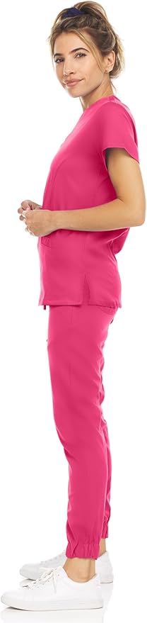 Medichic Eleanor V-Neck Top with Leah Elastic Waist Cargo Jogger Pants Scrub Set -Shocking Pink
