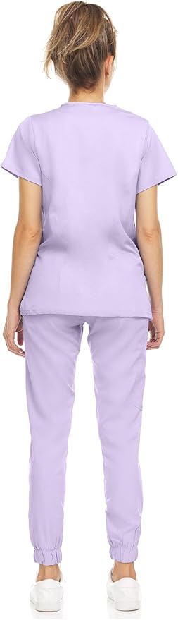 Medichic Eleanor V-Neck Top with Leah Elastic Waist Cargo Jogger Pants Scrub Set - Lavender