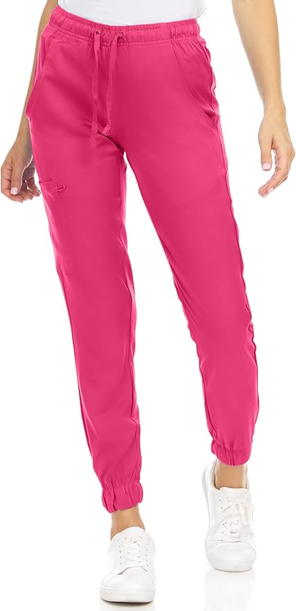 Medichic Eleanor V-Neck Top with Leah Elastic Waist Cargo Jogger Pants Scrub Set -Shocking Pink